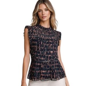 Marie Oliver Silk Blend Pleated Ruffle Sleeve Top Abstract Print Size M